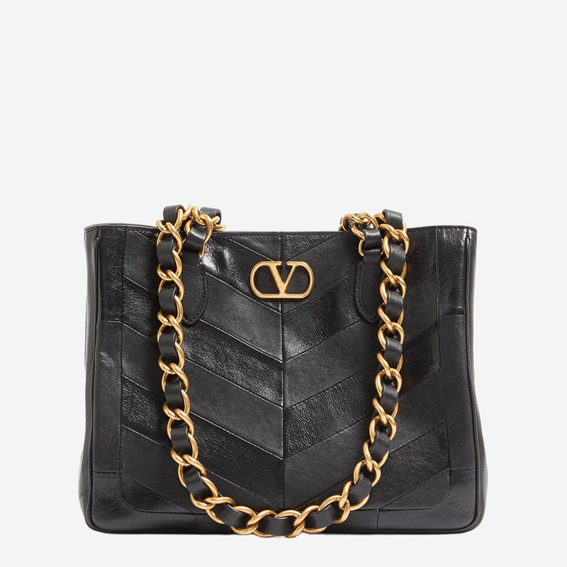 Valentino Garavani Chevron Patchwork Leather Shoulder Bag — Black