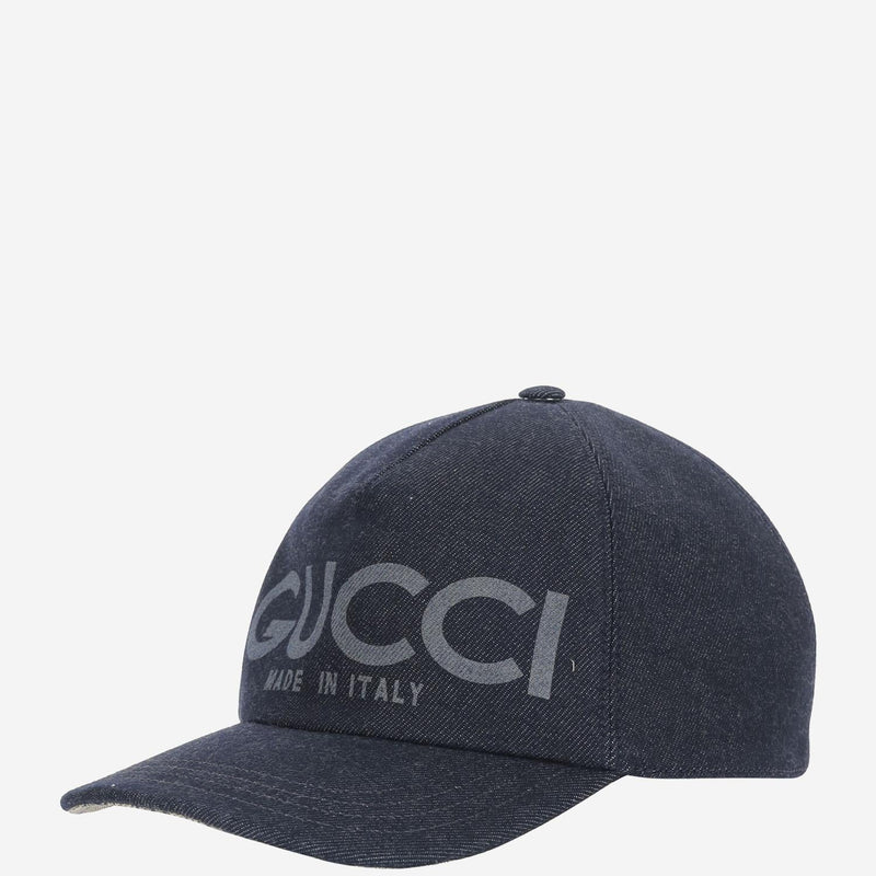 Gucci 812838 Laser-Etched Logo Denim Baseball Cap — Navy Cotton Caps