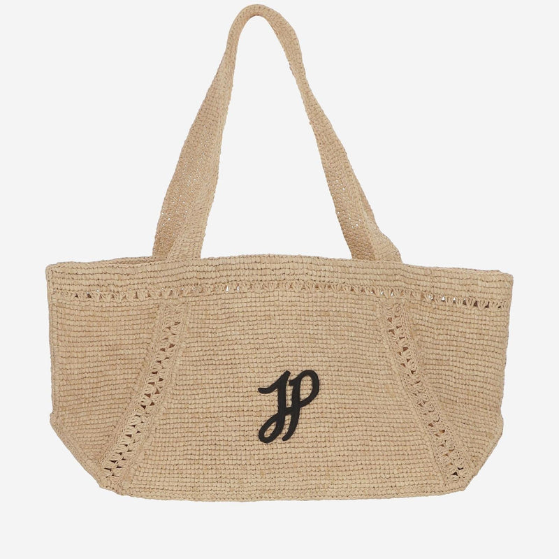 Patou Embroidered Logo Raffia Tote Bag — Beige