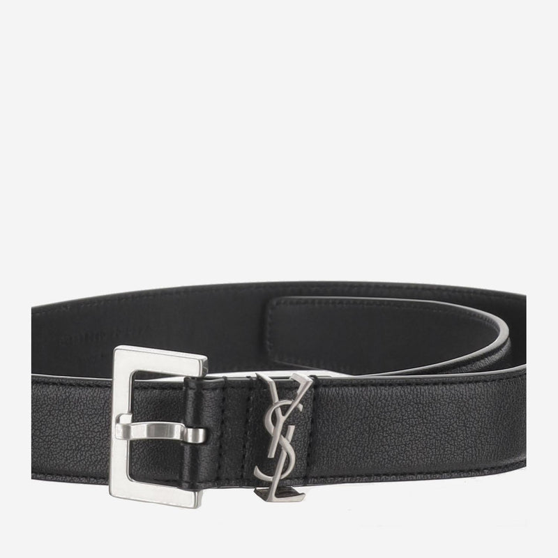 Saint Laurent Cassandre Logo Plaque Belt — Black Calfskin