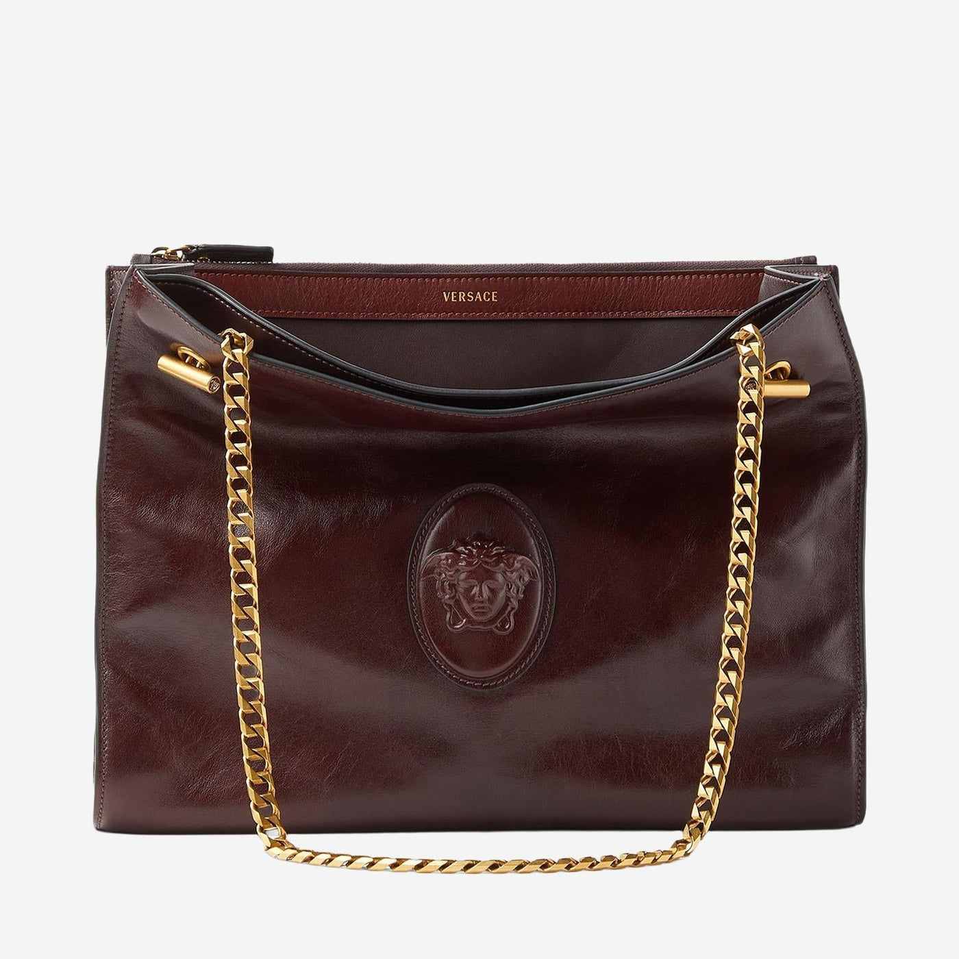 Versace Medusa Cameo Leather Shoulder Bag — Brown