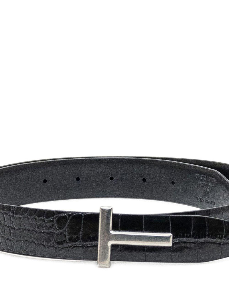 Tom Ford Crocodile-Print Calf Leather T-Buckle Belt — Black