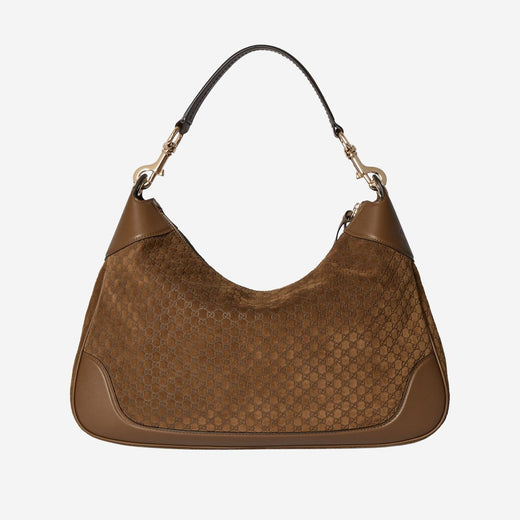 Gucci Gg Monogram Embossed Suede Shoulder Bag — Brown Leather
