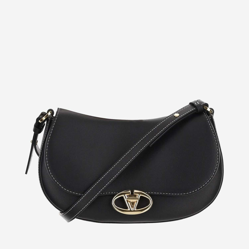 Valentino Garavani Ohval Shoulder Bag — Black Calf Leather