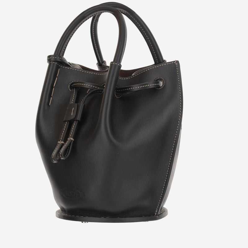 Tods Calfskin Leather Bucket Bag — Black