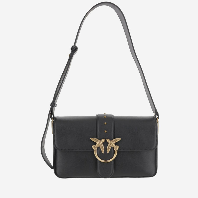 Pinko Love Birds Diamond Cut Buckle Shoulder Bag — Black Leather