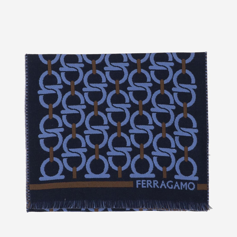 Ferragamo Hook-Pattern Wool Scarf — Navy Scarfs