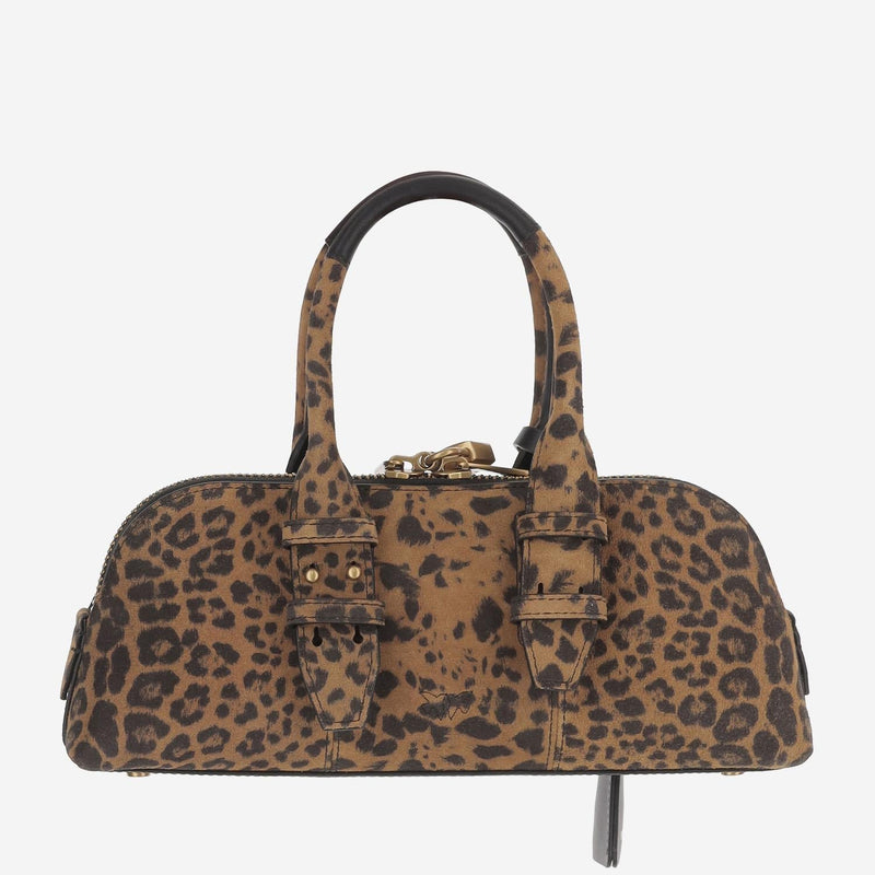 Pinko Leopard Print Leather Shoulder Bag — Brown