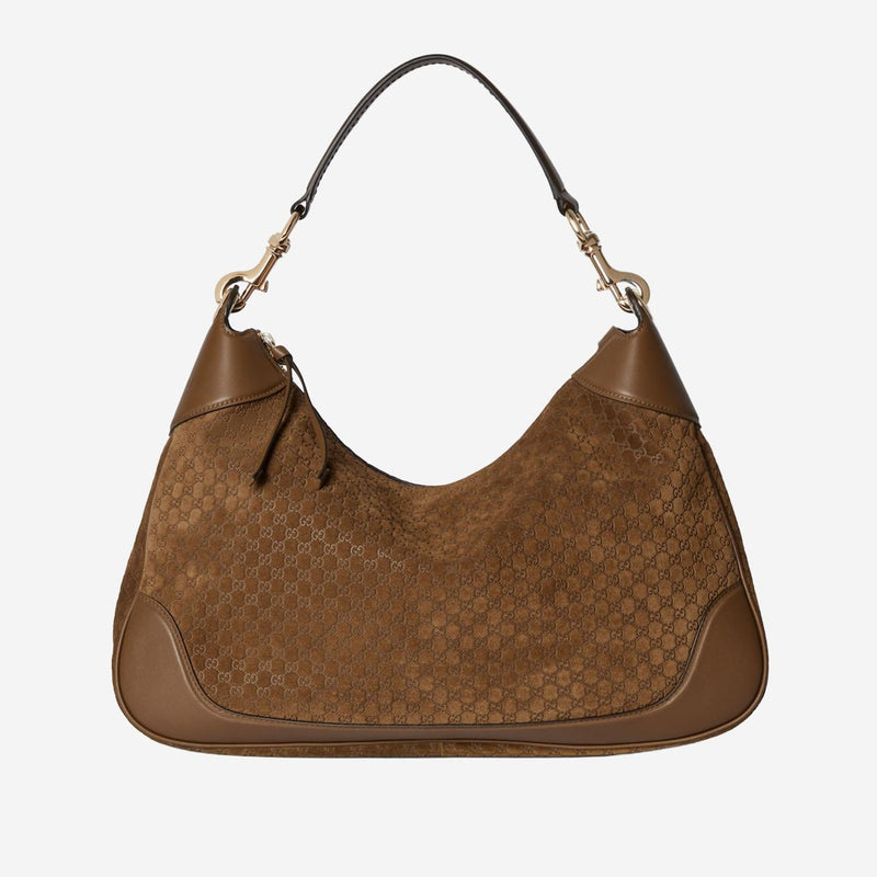 Gucci Gg Monogram Embossed Suede Shoulder Bag — Brown Leather