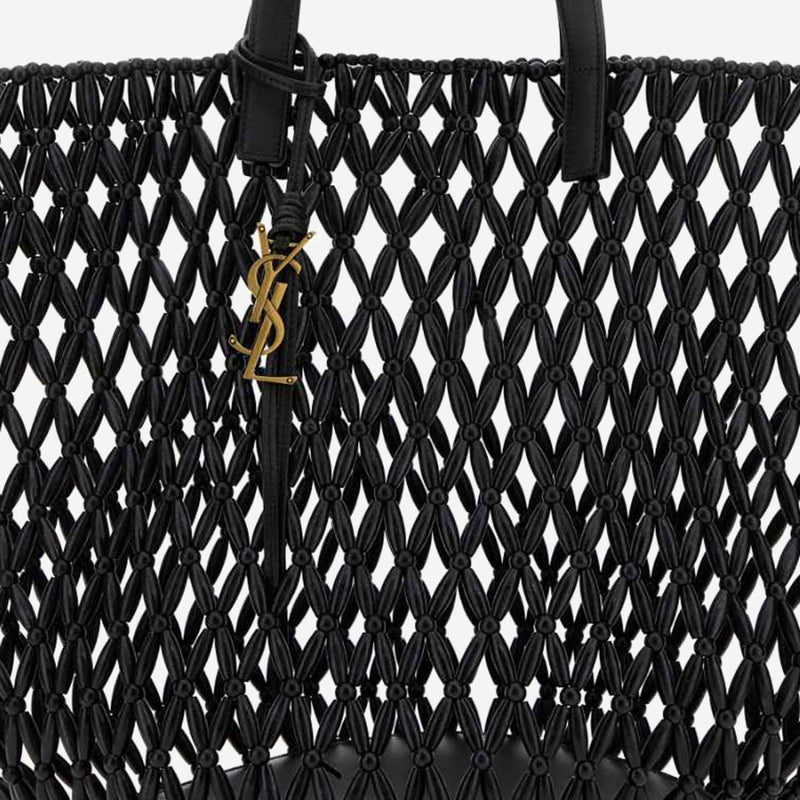 Saint Laurent Wooden Beaded Mesh Tote Bag — Black Leather And Wood