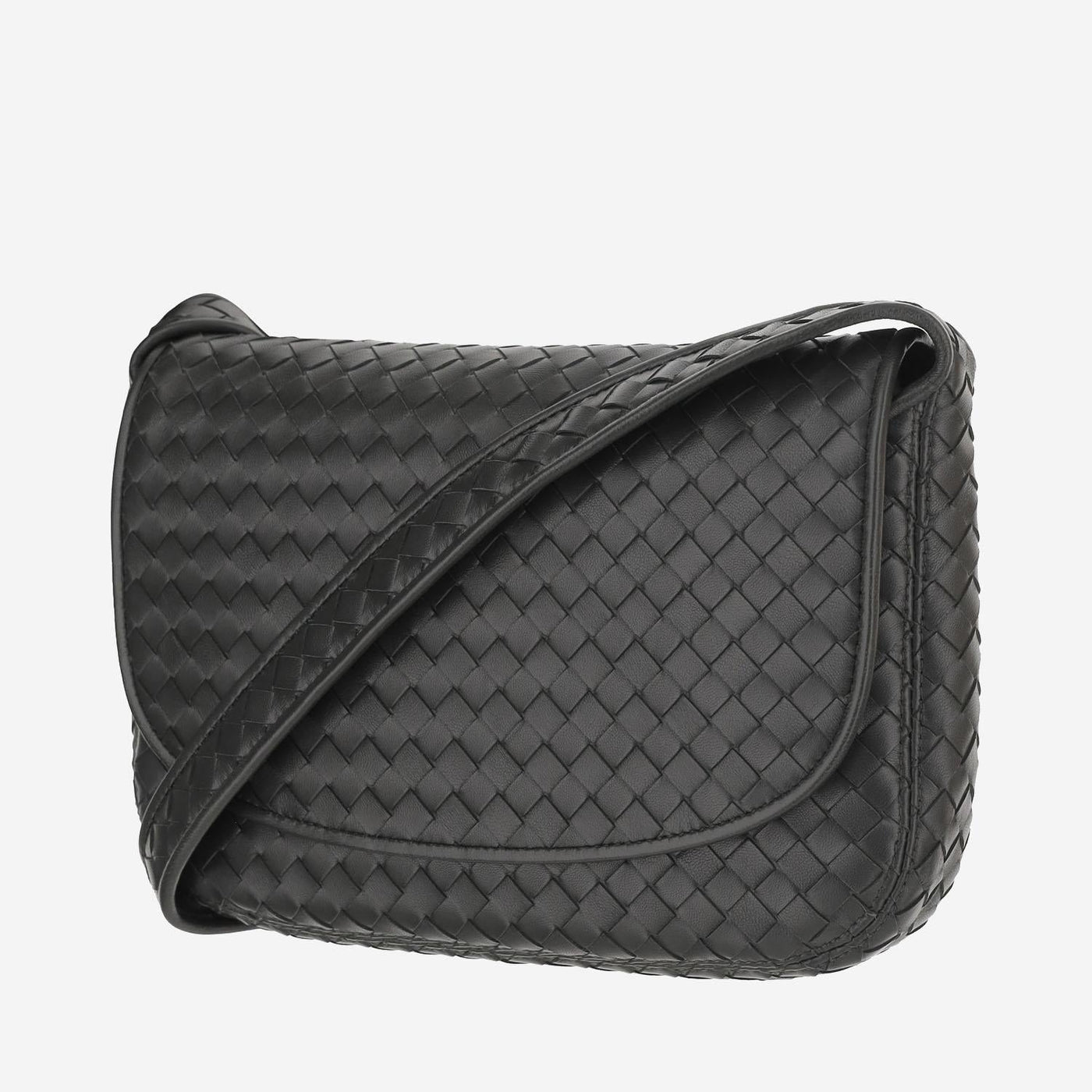 Bottega Veneta Woven Lambskin Shoulder Bag — Black Leather