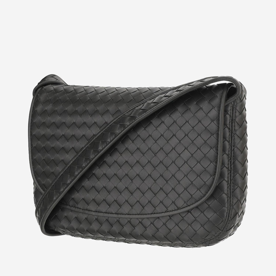 Bottega Veneta Woven Lambskin Shoulder Bag — Black Leather