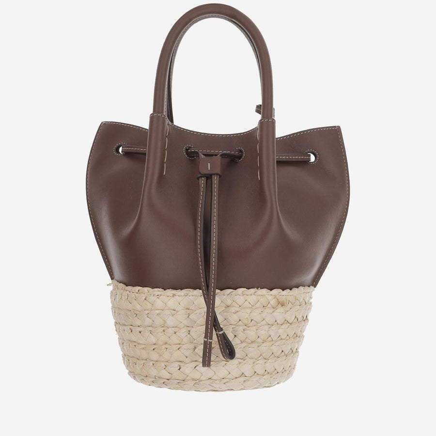 Tods Straw And Leather Colorblock Bucket Bag — Brown Calfskin