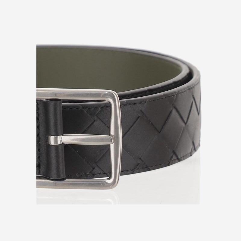 Bottega Veneta Reversible Woven Leather Belt — Black Calf