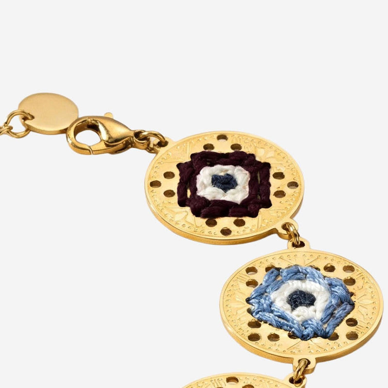 Leight Studio Hand-Embroidered Eye Medallion Bracelet — Gold Stainless Steel Bracelets