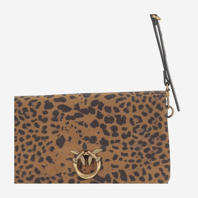 Pinko Leopard-Print Suede Shoulder Bag — Brown