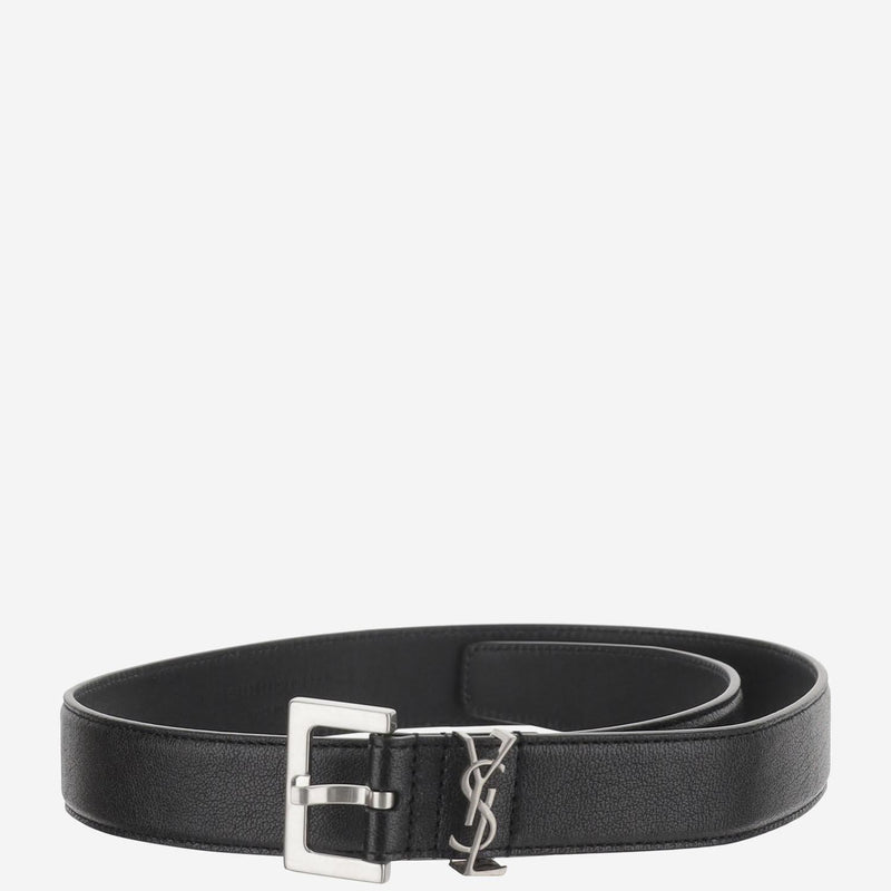Saint Laurent Cassandre Logo Plaque Belt — Black Calfskin
