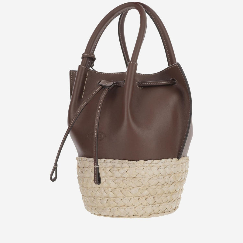 Tods Straw And Leather Colorblock Bucket Bag — Brown Calfskin