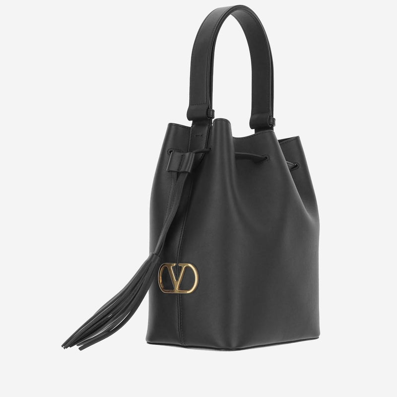 Valentino Garavani Calfskin Leather With V-Logo Bucket Bag — Black
