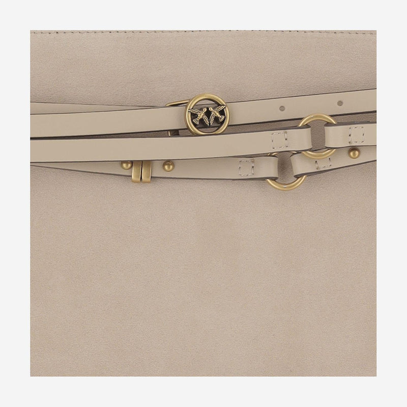 Pinko Studded Belt Detail Shoulder Bag — Beige Leather