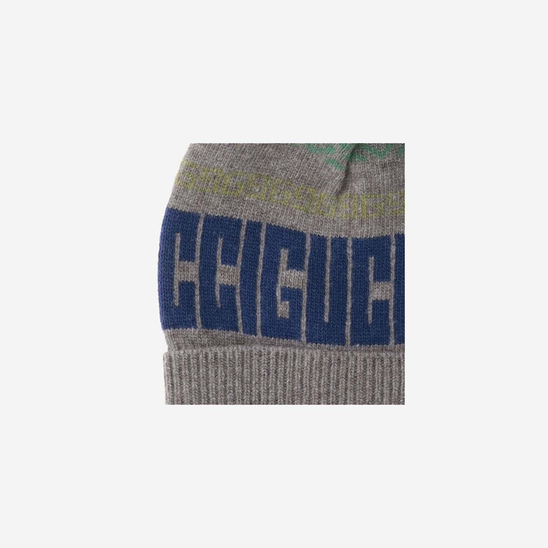 Gucci 793257 Logo Jacquard Wool Beanie — Gray Beanies