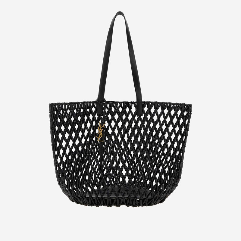 Saint Laurent Wooden Beaded Mesh Tote Bag — Black Leather And Wood