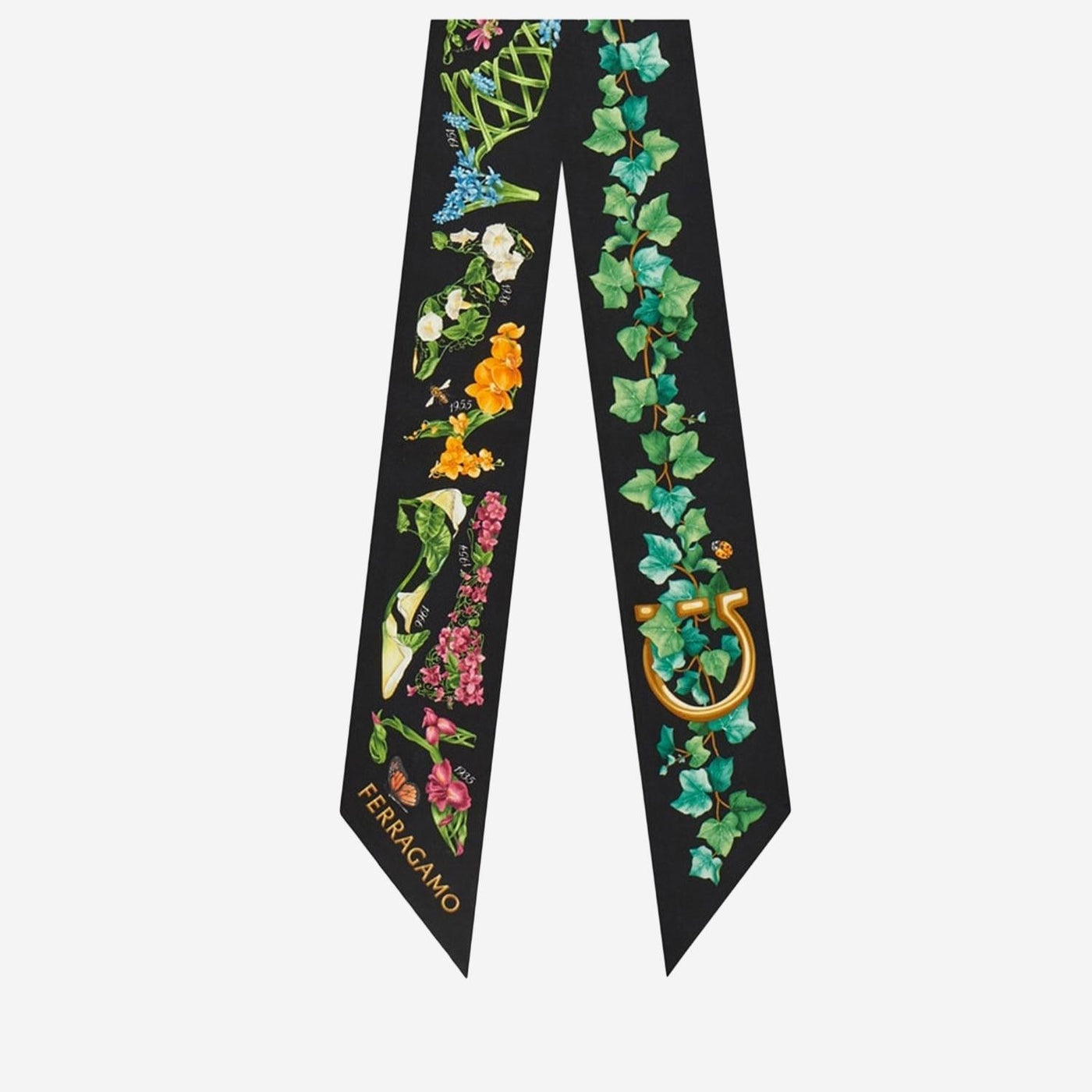 Ferragamo Silk Bandeau With Eden Floral Print Scarf — Black Scarfs