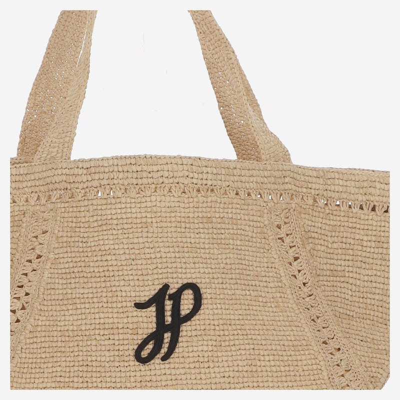 Patou Embroidered Logo Raffia Tote Bag — Beige
