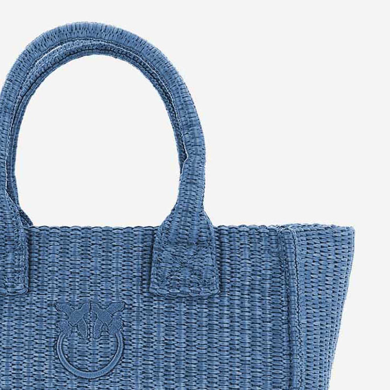 Pinko Hand-Woven Raffia Tote Bag — Blue Polypropylene
