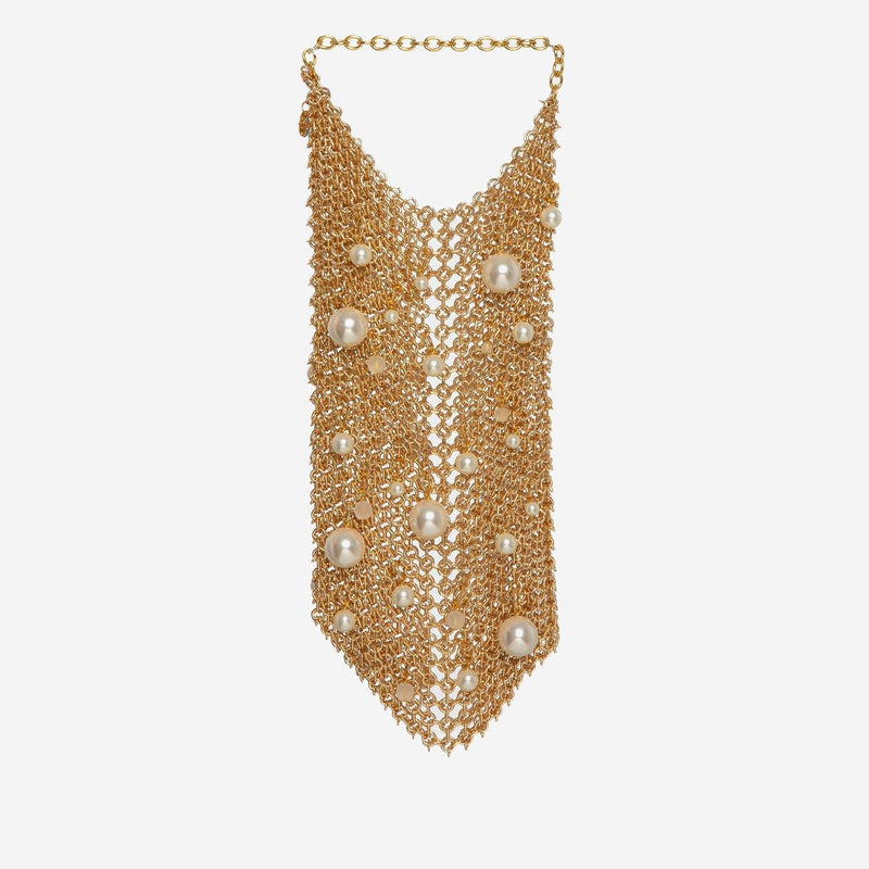 Silvia Gnecchi Pearl-Embellished Mesh Top Handle Bag — Gold Brass