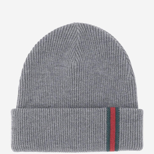 Gucci 834192 Wool Ribbed With Web Stripe Beanie — Gray Fabric Beanies