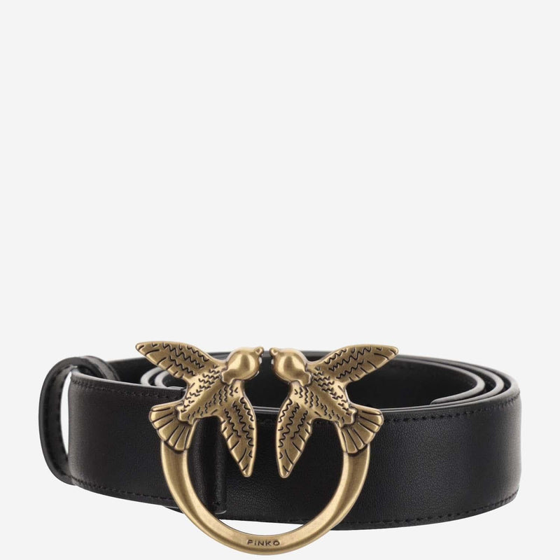 Pinko Love Birds Buckle Leather Belt — Black