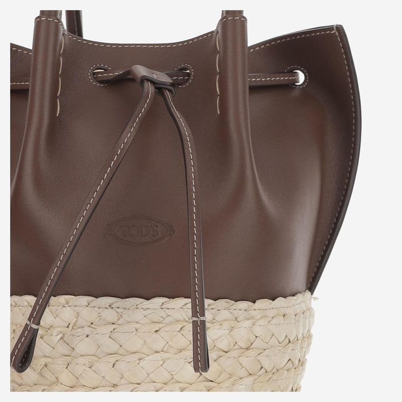 Tods Straw And Leather Colorblock Bucket Bag — Brown Calfskin
