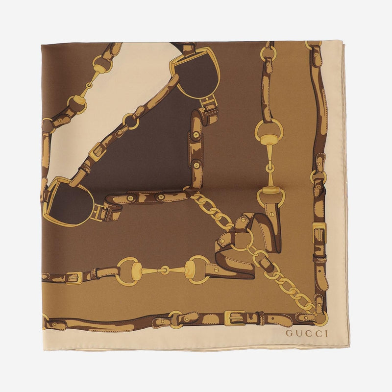 Gucci Silk Twill Printed Scarf — Brown Scarfs