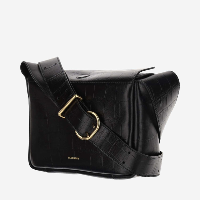 Jil Sander Embossed Calfskin Flap Shoulder Bag — Black