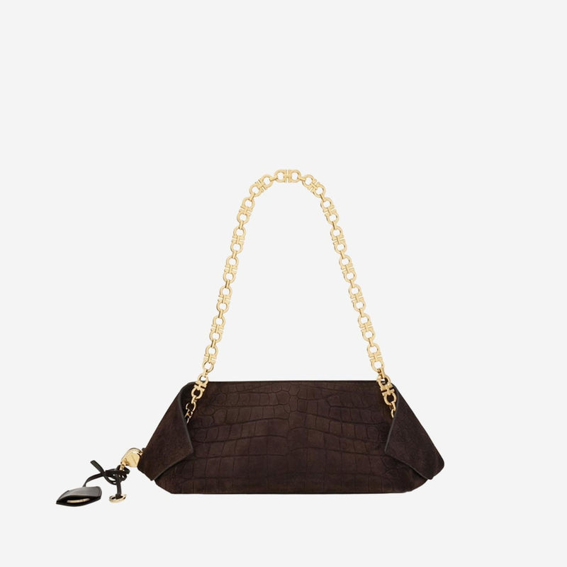 Ferragamo Crocodile-Embossed Suede Shoulder Bag — Brown Leather