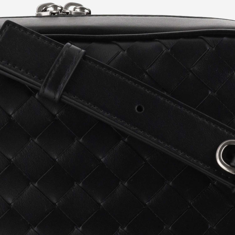 Bottega Veneta Intrecciato Quilted Calfskin Crossbody Bag — Black Leather