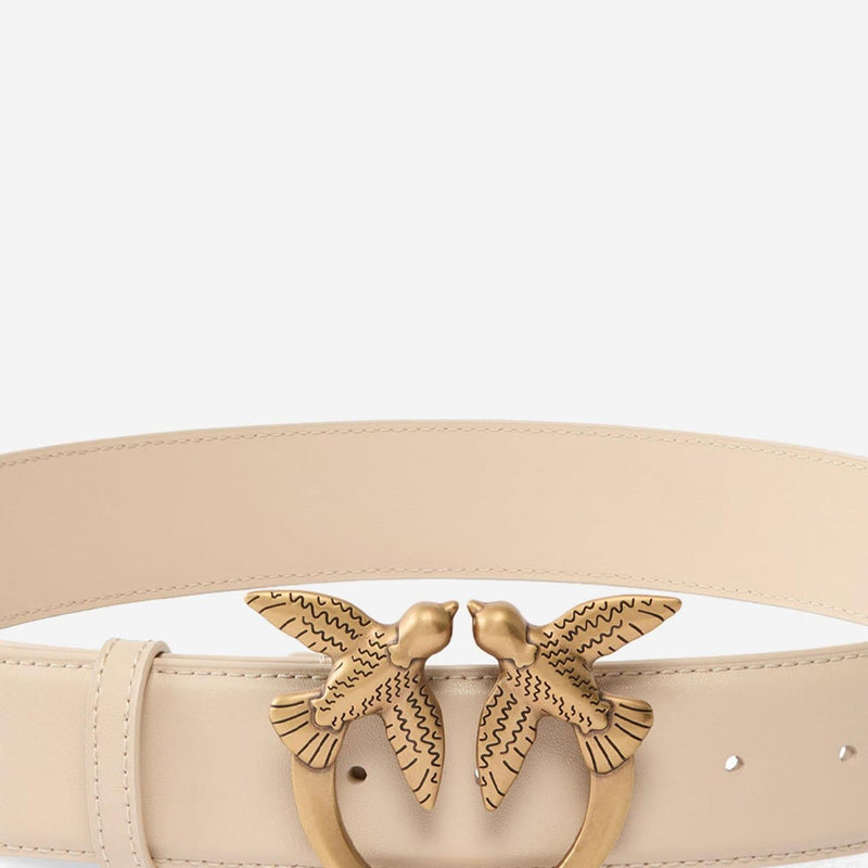 Pinko Love Birds Buckle Belt — Beige Leather