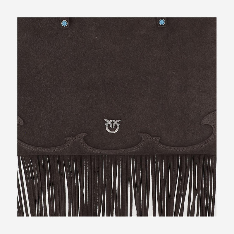 Pinko Fringed Suede Shoulder Bag — Brown Leather