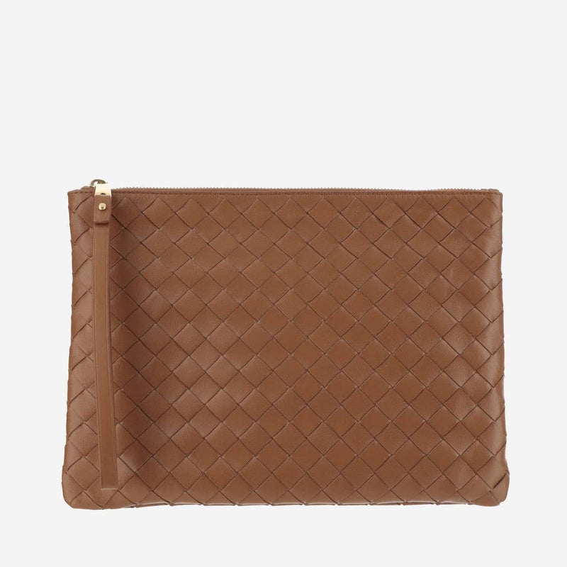 Bottega Veneta Intrecciato Woven Lambskin Clutch — Brown