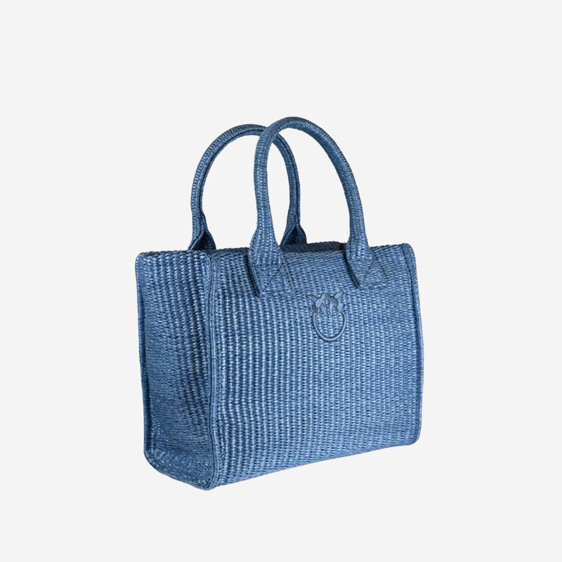 Pinko Hand-Woven Raffia Tote Bag — Blue Polypropylene