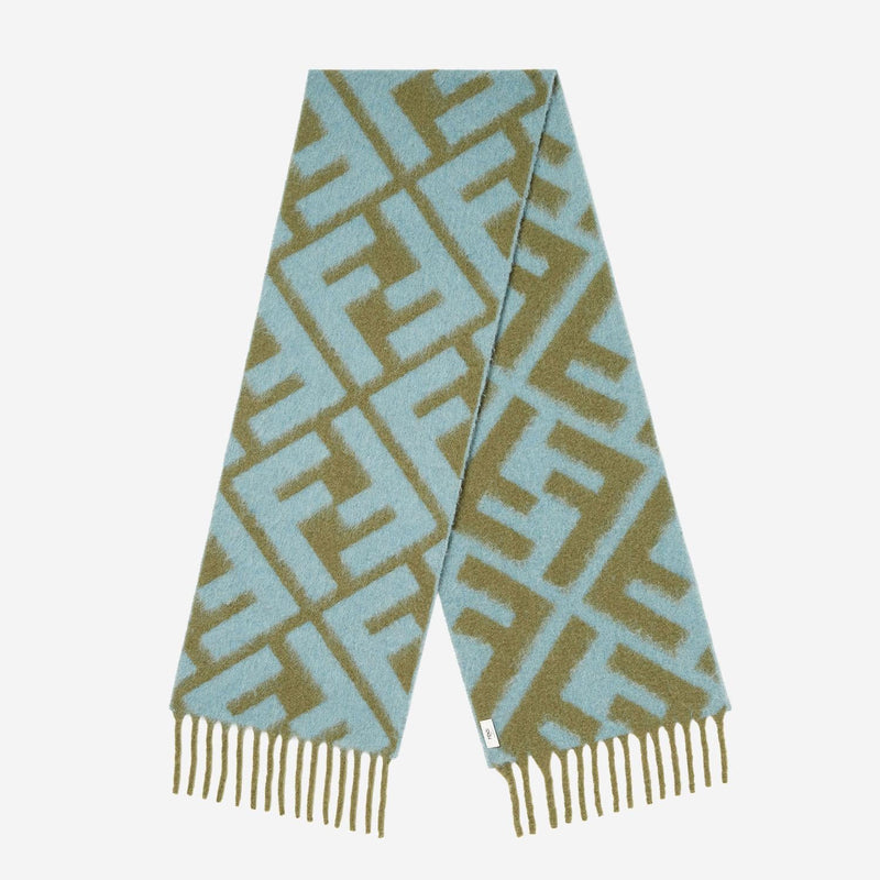 Fendi Alpaca And Wool Blend With Ff Logo Scarf — Blue Scarfs