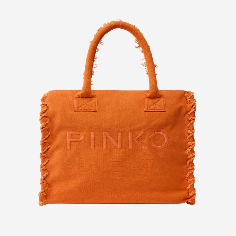 Pinko Cotton Shopper With Fringed Trim Tote Bag — Orange