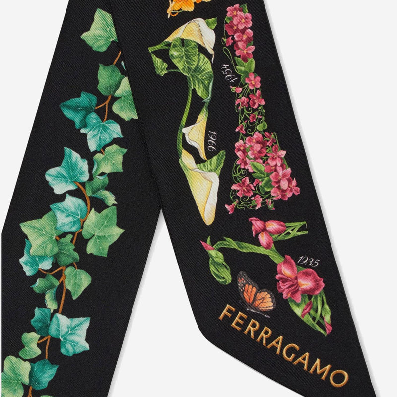 Ferragamo Silk Bandeau With Eden Floral Print Scarf — Black Scarfs