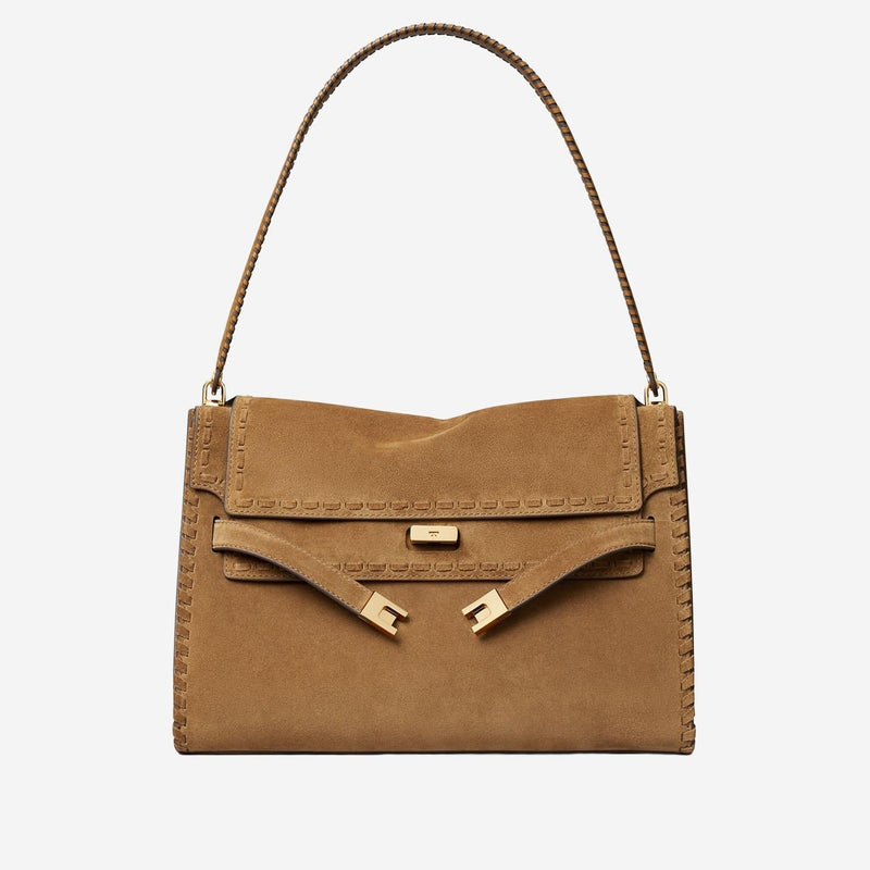 Tory Burch Whipstitched Suede Shoulder Bag — Brown Leather