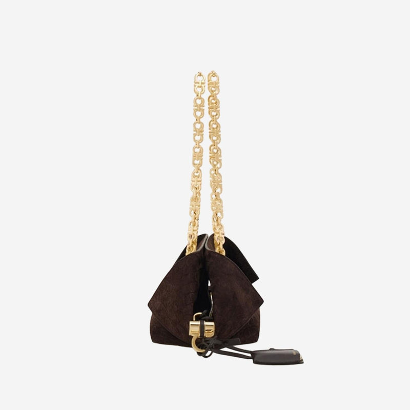 Ferragamo Crocodile-Embossed Suede Shoulder Bag — Brown Leather