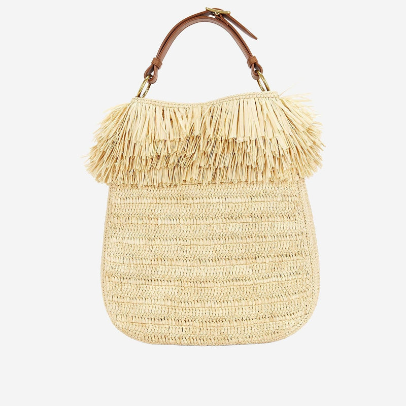 Saint Laurent Fringed Raffia Shoulder Bag — Beige