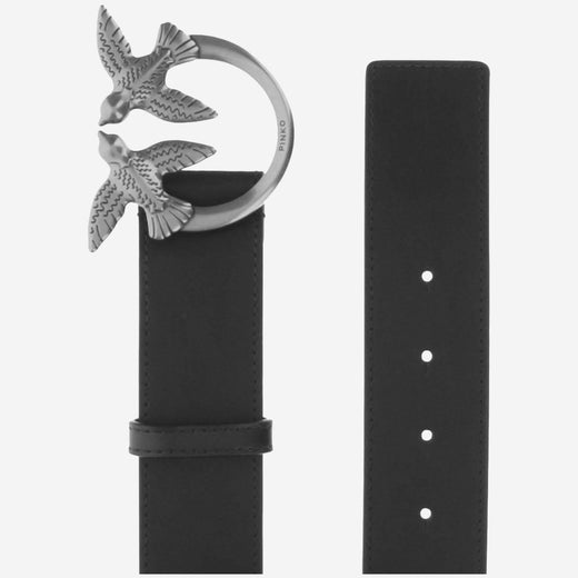 Pinko Love Birds Buckle Belt — Black Leather
