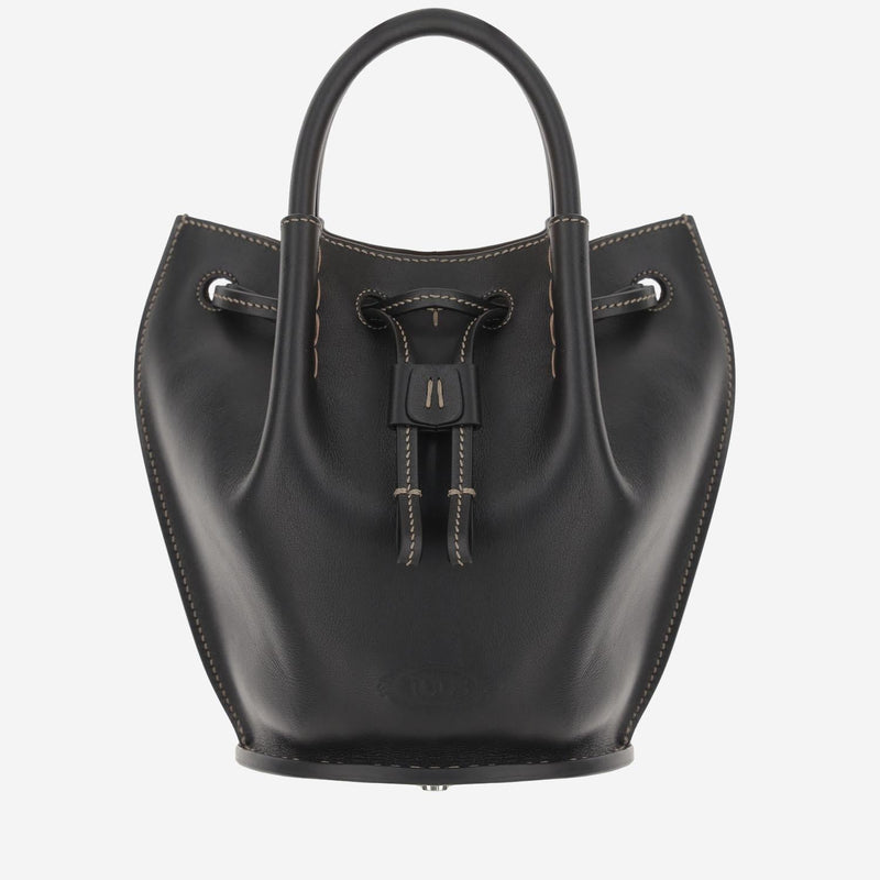 Tods Calfskin Leather Bucket Bag — Black
