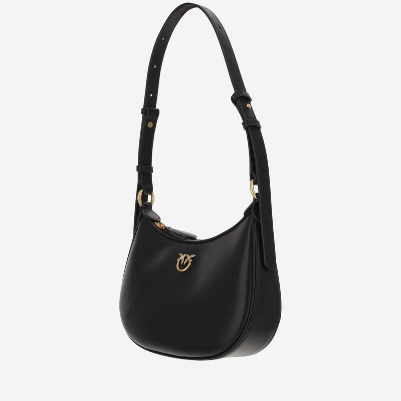 Pinko Gold-Winged Logo Embellished Shoulder Bag — Black Leather